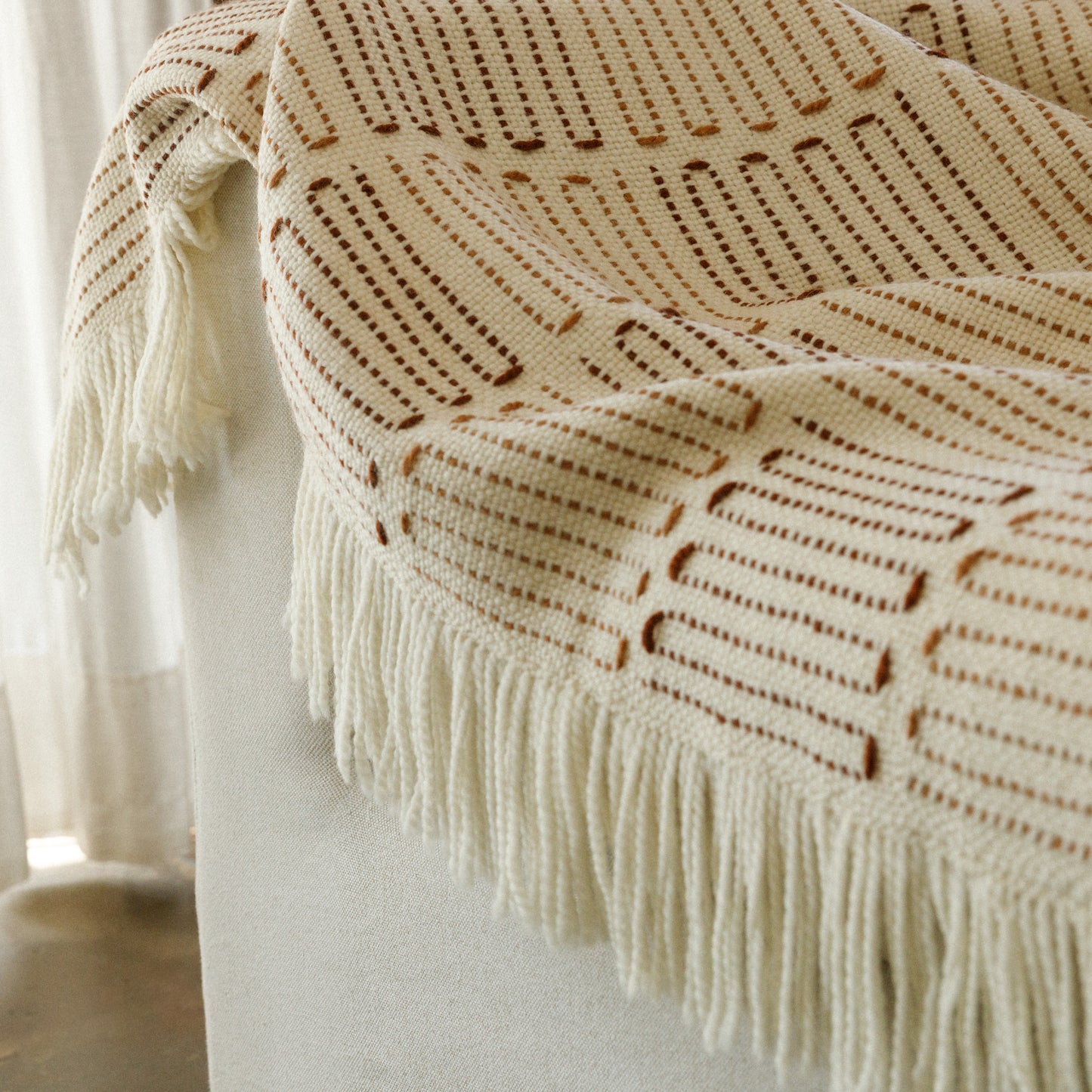 Lightweight Merino Throw Blanket – Handwoven with Rosé and Terracotta Embroidery