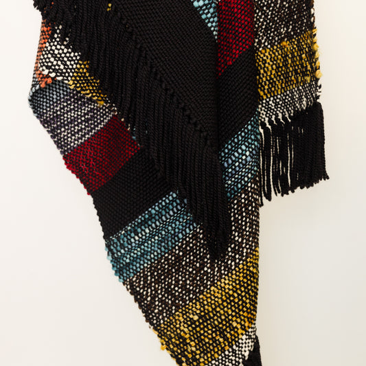 Handwoven Merino Wool Blanket – Black Base with Vibrant Stripes and Fringes