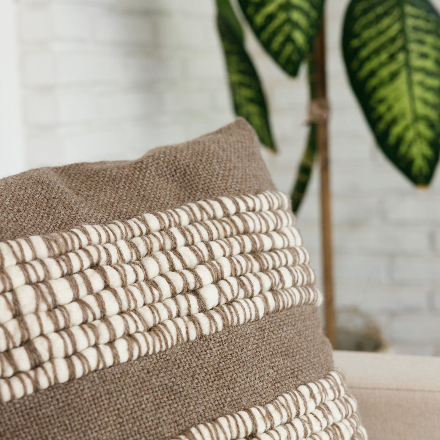 Earthy Brown Merino Wool Pillow Cover with Cream Wool Texture