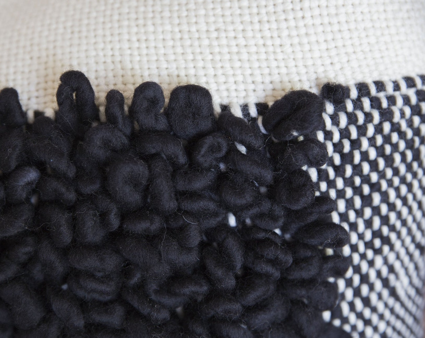 Black Embroidery loops in handwoven cushion cover in Cream - Close shot