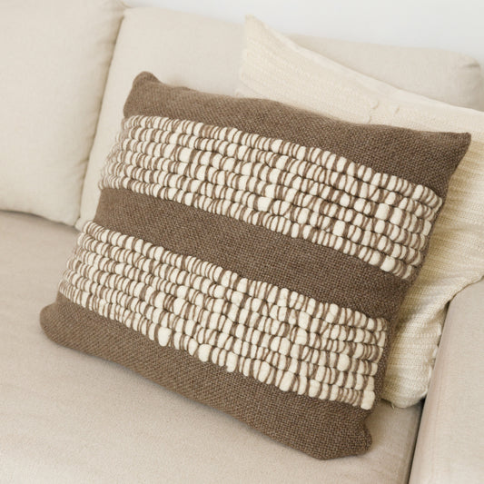 Earthy Brown Merino Wool Pillow Cover with Cream Wool Texture