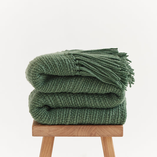 Olive Green Chunky Woven Blanket - Cozy Up in Sustainable Style - Handmade with Irregular Merino Wool Texture
