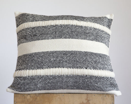Striped Cushion Cover with Raw Merino Wool in Black Mar