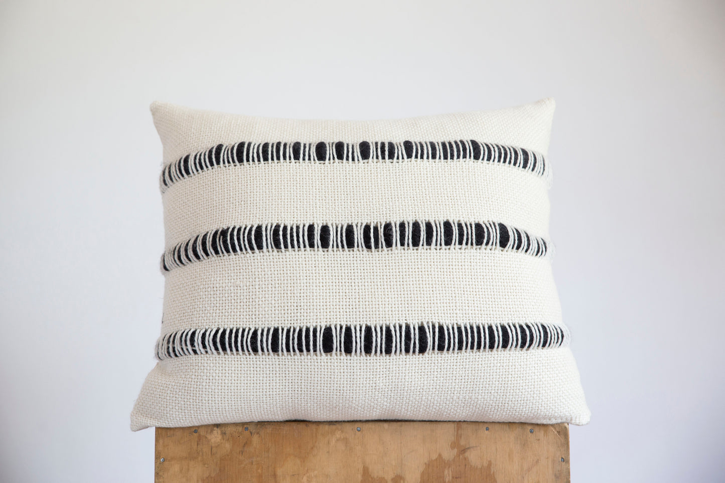 Ivory textured pillow cover handwoven in merino wool with roving stripes in black 19x23