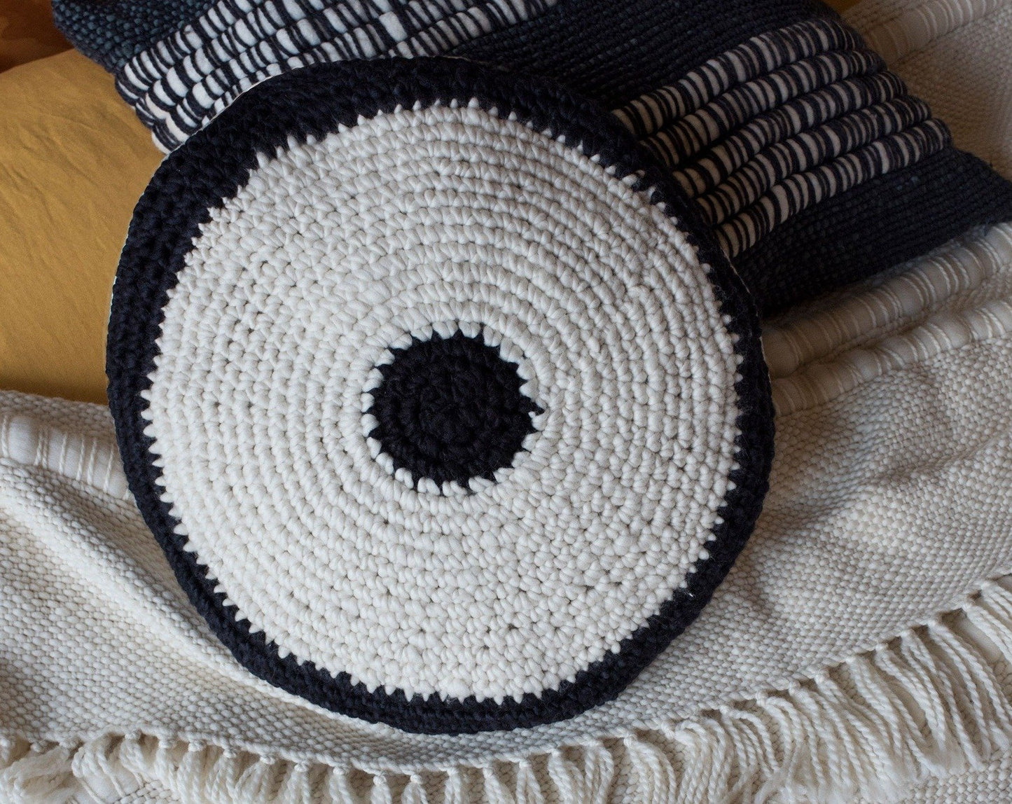Crochet Cushion in Black Merino Wool Cosmo Sol