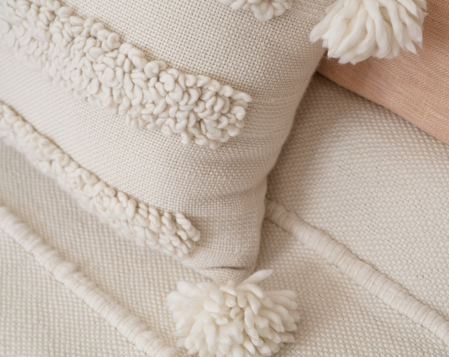 Chunky Cover Cushion with Pom Poms in Ecru Cielo 22x22