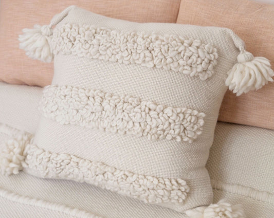Chunky Cover Cushion with Pom Poms in Ecru Cielo 22x22