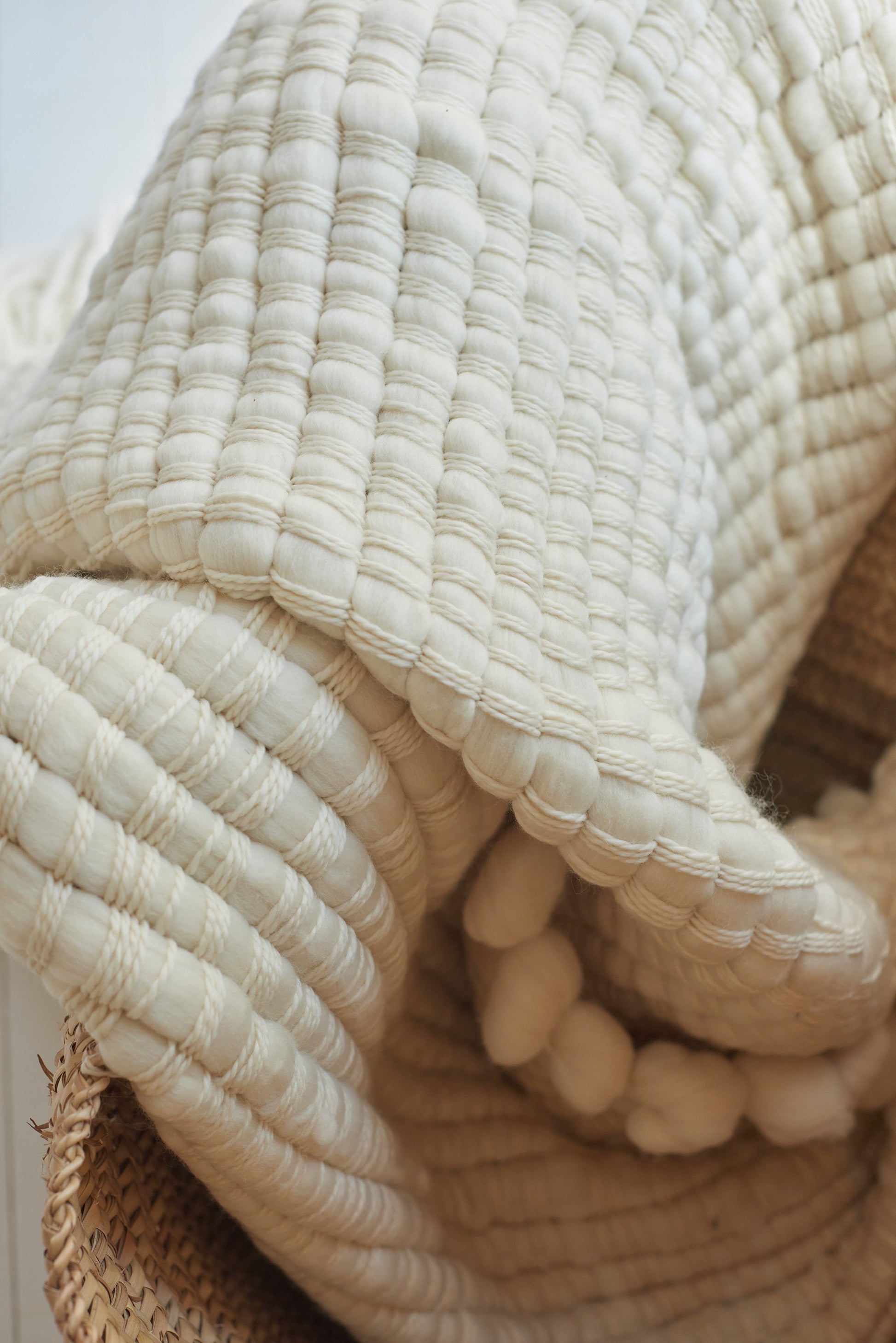 Ivory thick throw blanket basket weave in  chunky merino wool