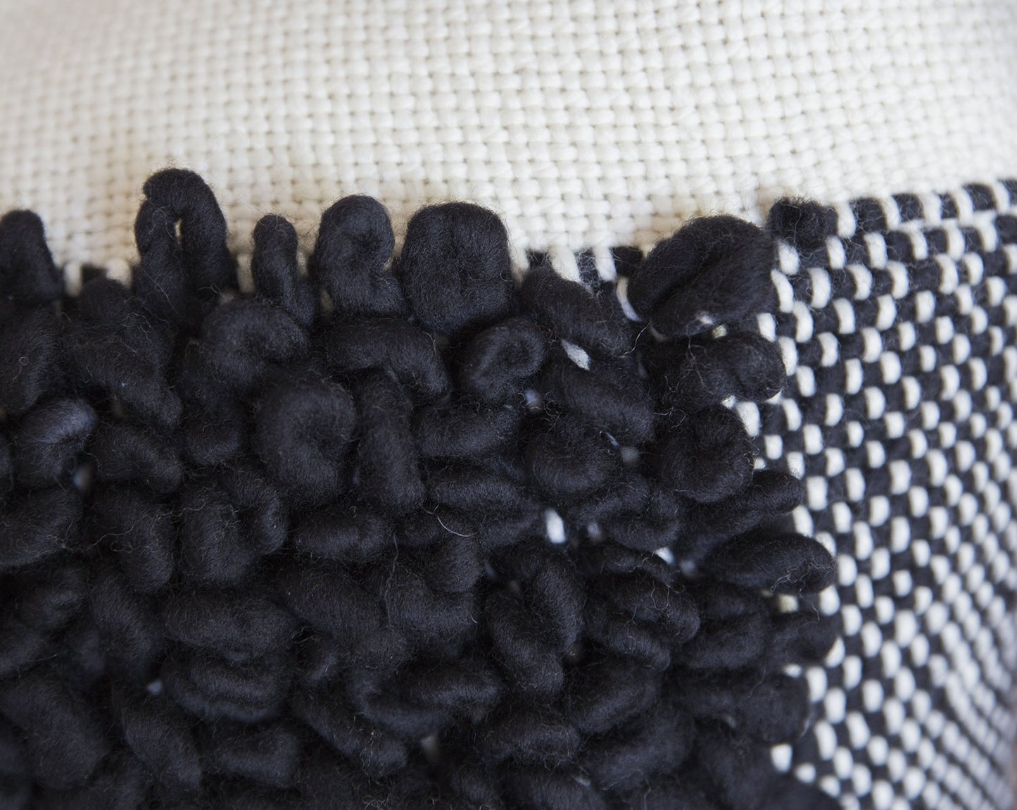 Black Embroidery loops  in handwoven cushion cover in Cream - Close shot