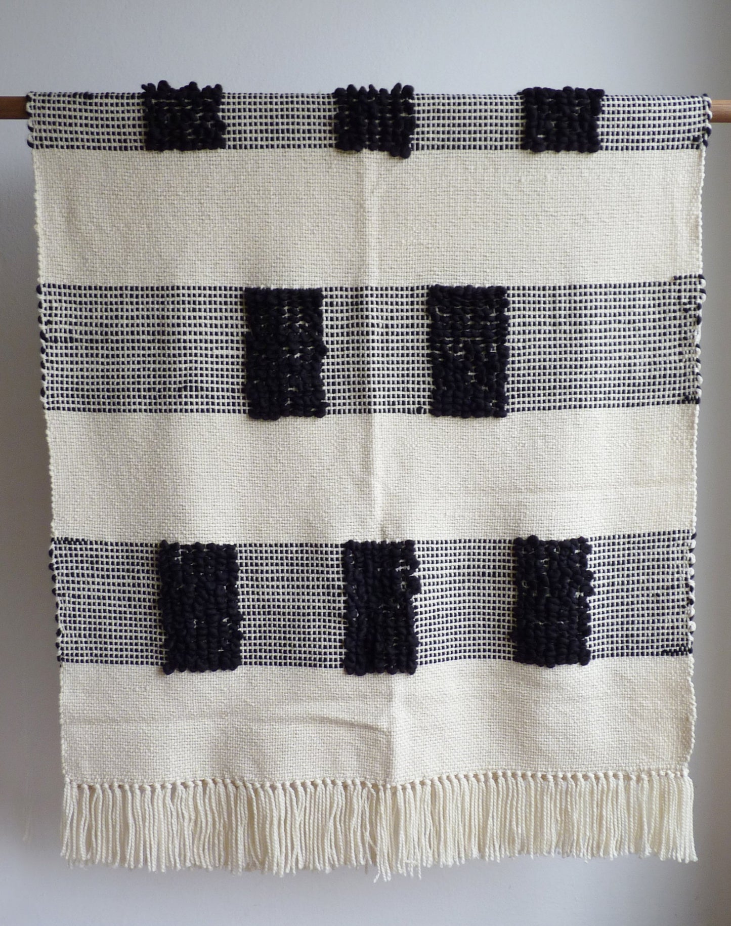 Off White Blanket with Black Embroidery Loops in Geometric Design  with fringes