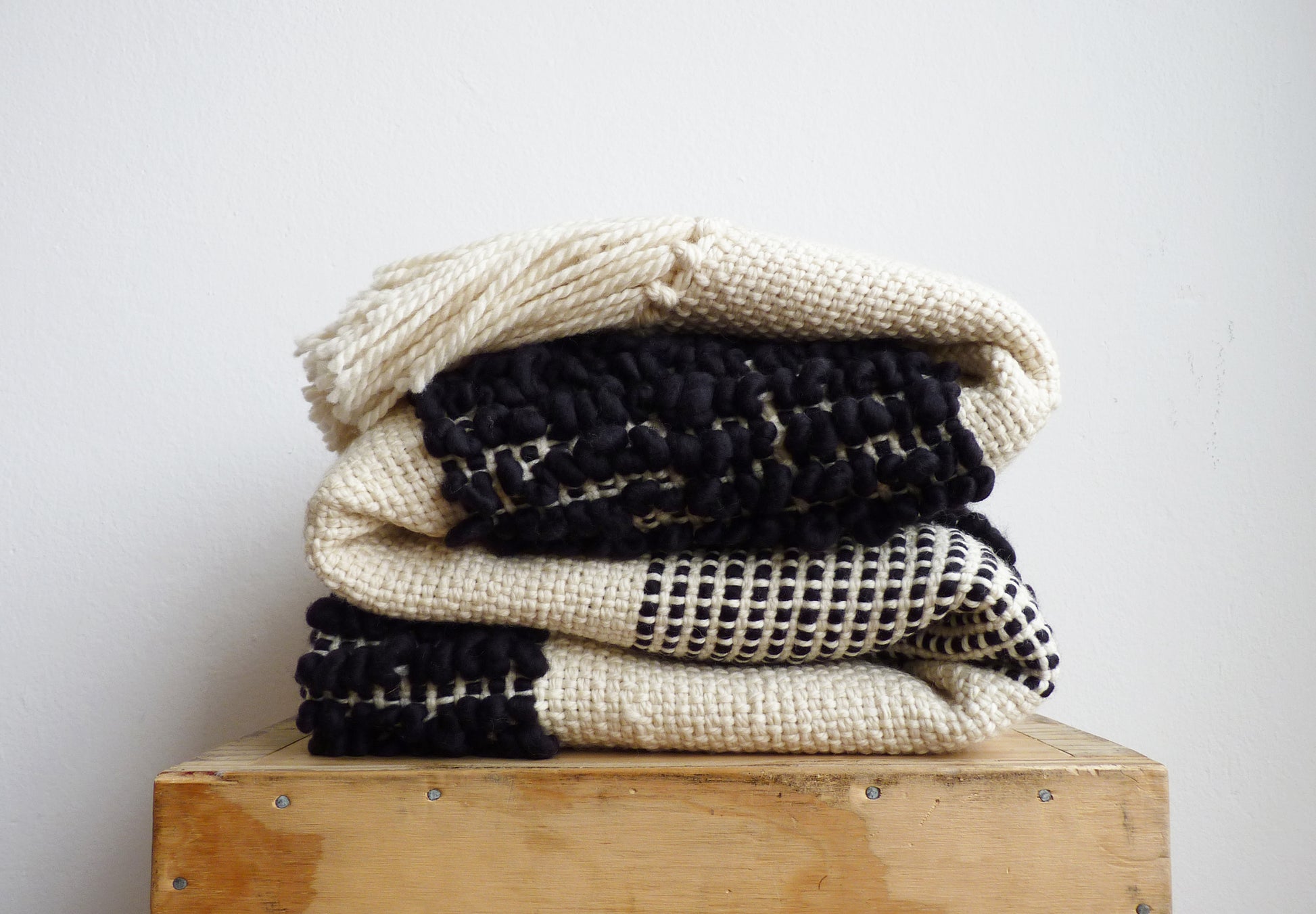 Merino wool cream blanket handweaving with handcrafted loops in Geometrical design
