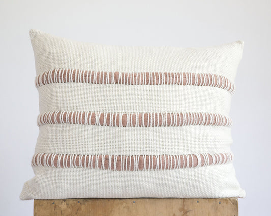 Pillow cover striped with rose merino wool roving - handwoven