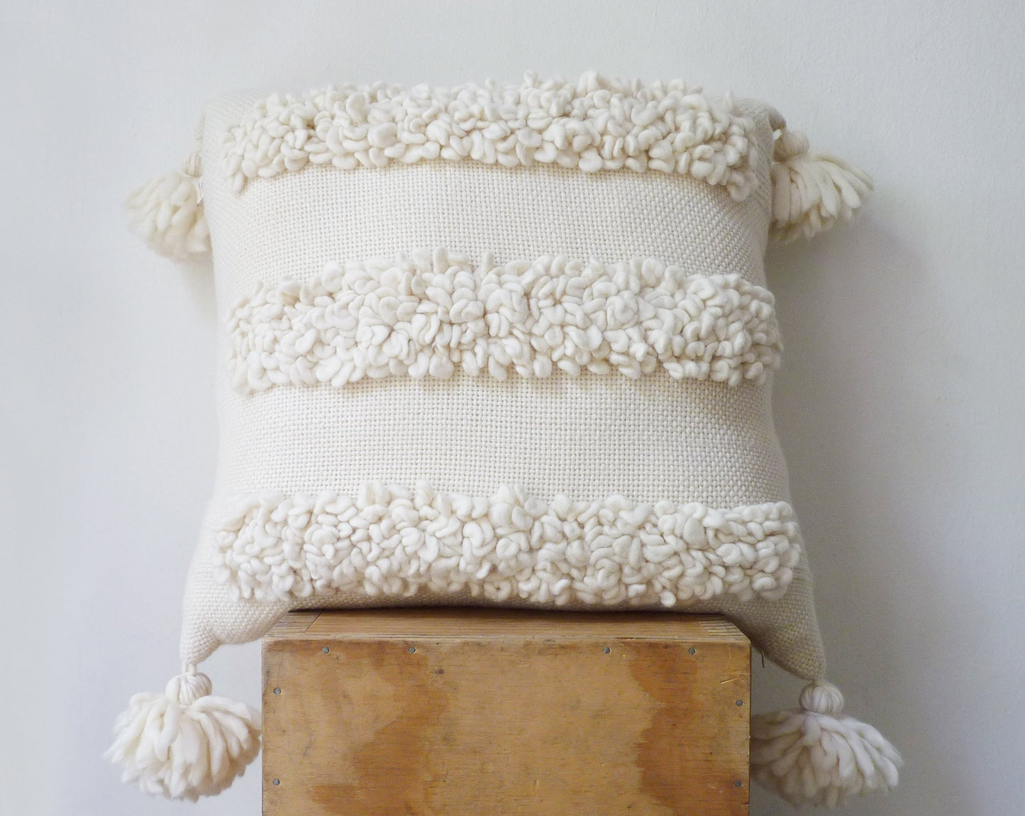 Chunky Cover Cushion with Pom Poms in Ecru Cielo 22x22